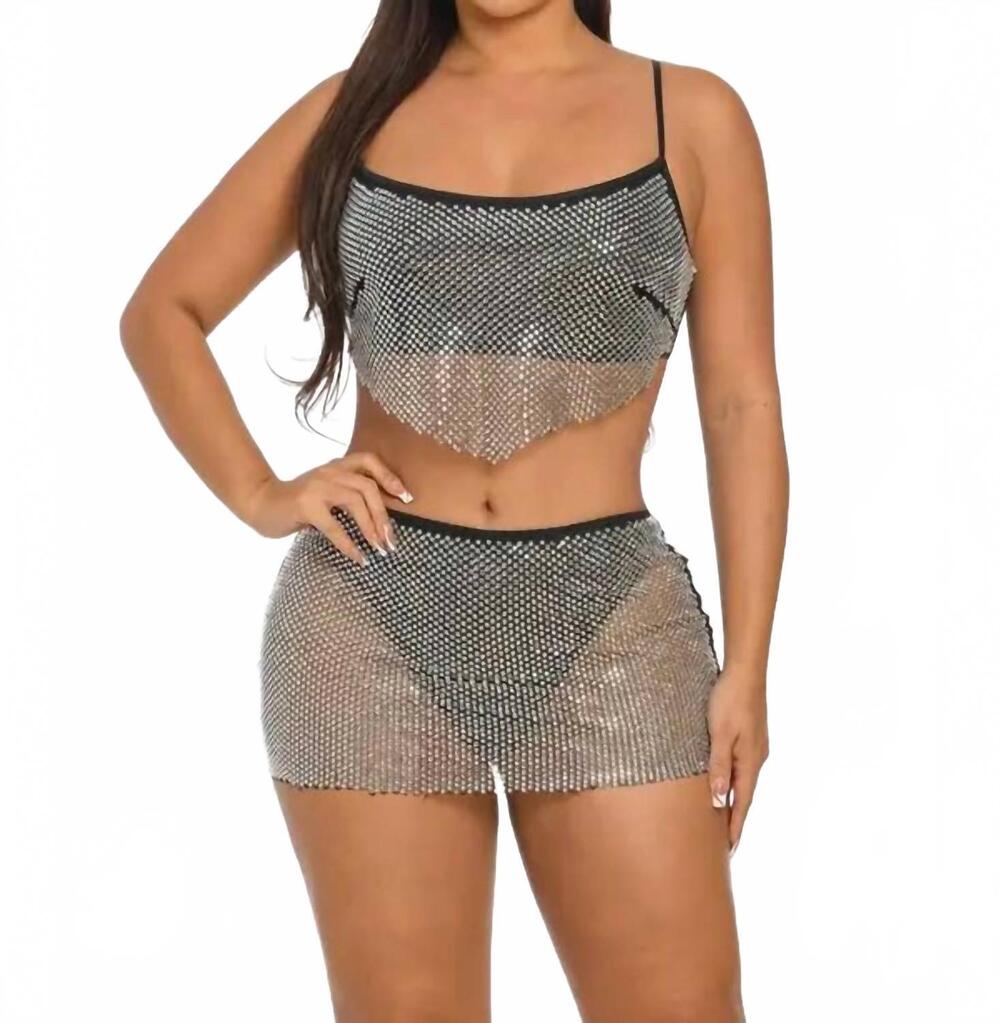 NEW BANJUL rhinestone fishnet crop top with mini skirt set in black